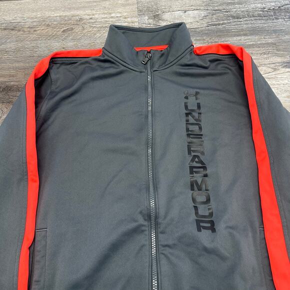 Under Armour Track Jacket Gray Orange Womens L Spell Out Logo Full Zip Athletic - Picture 3 of 8